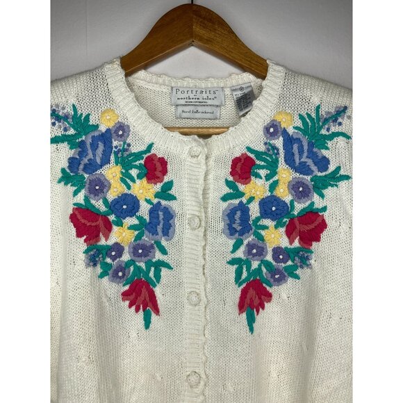 Hand Embroidered Floral Cardigan Northern Isles Women's Medium Short Sleeve New - Picture 2 of 9